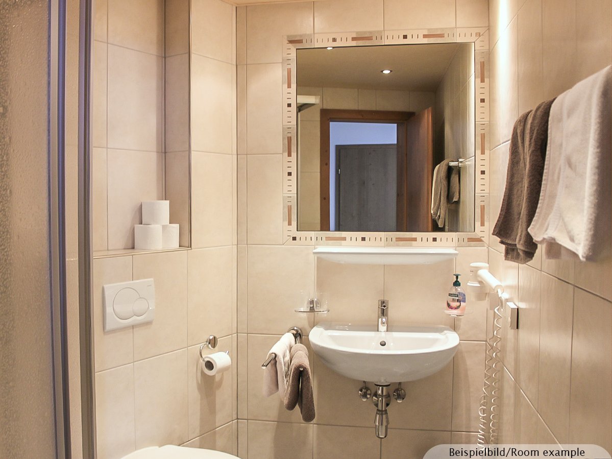 Bild zeigt ein Badezimmer mit großem Spiegel, Dusche und Toilette
