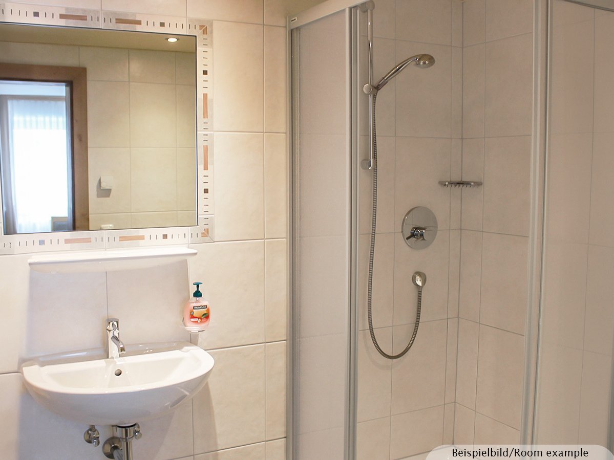 Bild zeigt ein Badezimmer mit Dusche und Waschbecken mit großem Spiegel